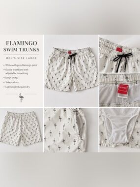 White mens Swim Trunks with Black Flamingo Print